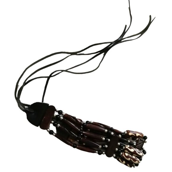 Brown Beaded Boho Choker Tribal Style Leather Tie Handmade - Picture 6 of 8
